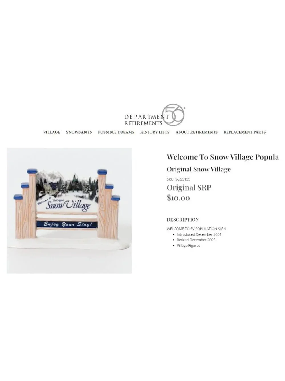 Department 56 Welcome to Snow Village Population Sign SNOW VILLAGE 55155 NIB